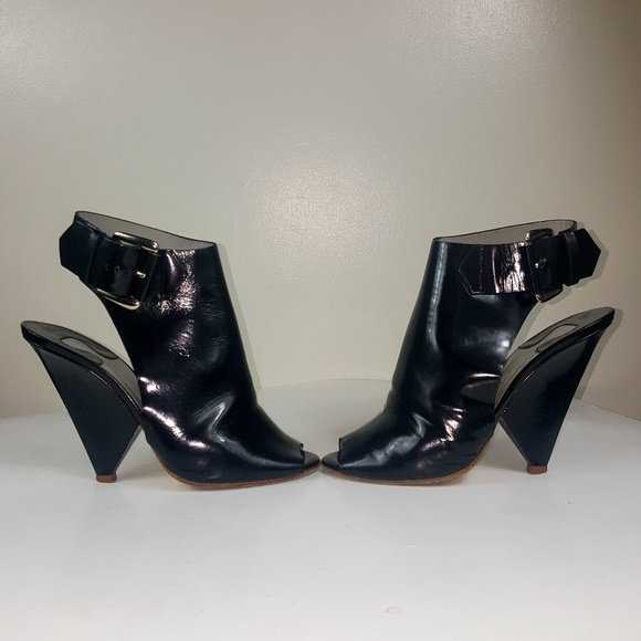 Chloe Buckle Black Ankle Booties Wedges - Picture 6 of 8